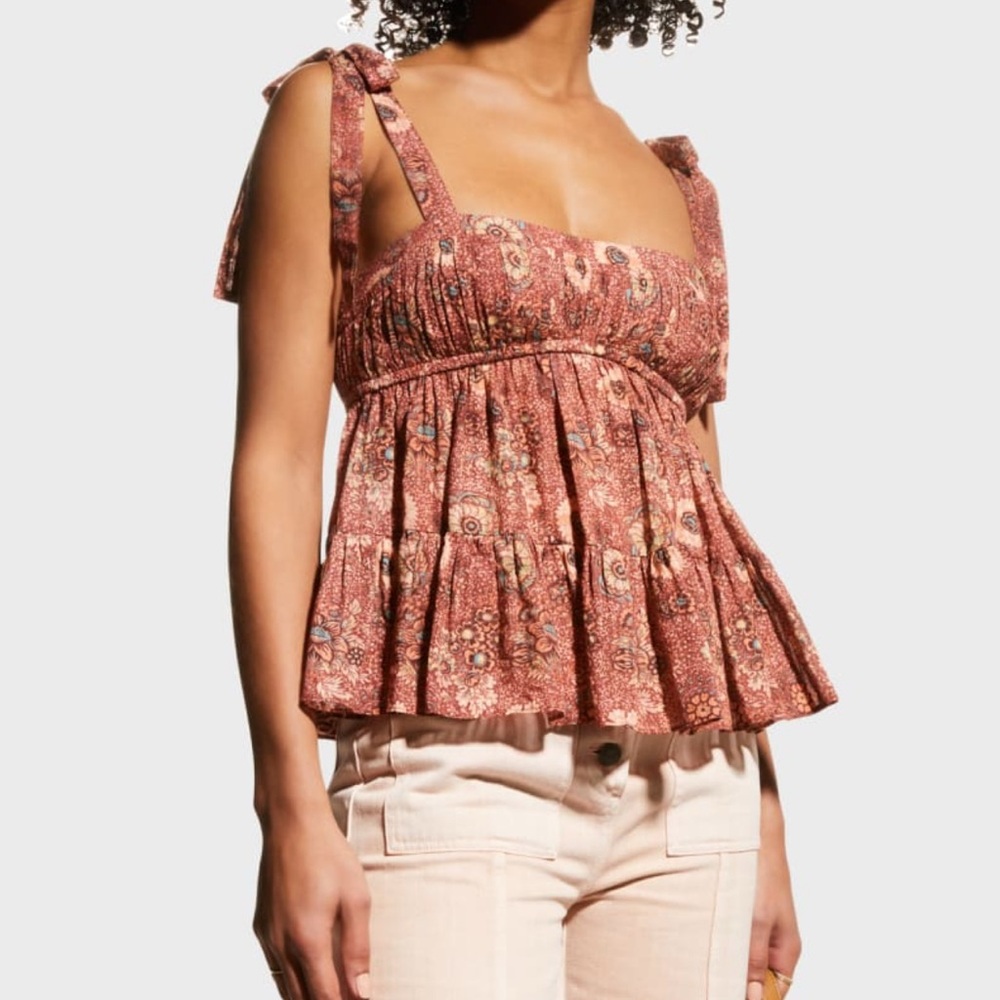 Ulla Johnson Rust Floral Tank Top Syma Tie-Shoulder Top